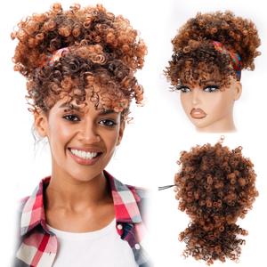 Drawstring Ponytail for Black Women, Afro Puff Kinky Curly Hair Ponytail Extension with Bangs Updo Natural Hair Ponytail (T30 Natural Black/Middle Brown)