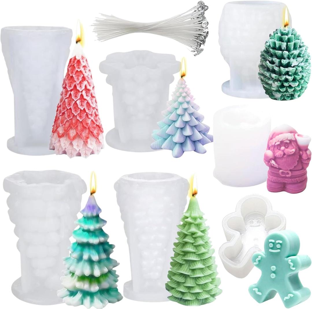 7pcs Christmas Silicone Mold Set for Candle Making, Atarvana 3D Christmas Candle Making Molds with 10pcs Candle Wick-Christmas Trees, Santa Claus, Pine and Ginger Man