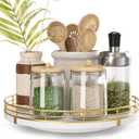 9" Wooden Lazy Susan Turntable for Cabinet  Rotating Spice Rack Organizer, Small Kitchen Countertop Tray for Dining Table & Pantry Storage (White & Gold)