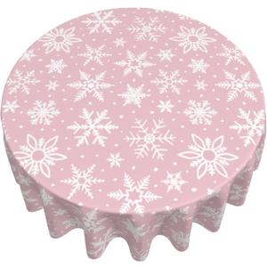 Pink Christmas Tablecloth Round 60 Inch White Snowflake Winter Print Xmas Holiday Theme Decorative Table Cloth Seasonal Rustic Farmhouse for Indoor Party Kitchen Dinner Picnic Decor