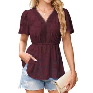 Falecahy Plus Size Tops For Women Summer Outfits For Women Casual Flowy Boho Lace Top Babydoll V Neck Peasant Tunics Chiffon Sheer Smocked Ruffle Blouses Fall Peplum Loose Fit Business Shirt Red XXL (Red, XXL)