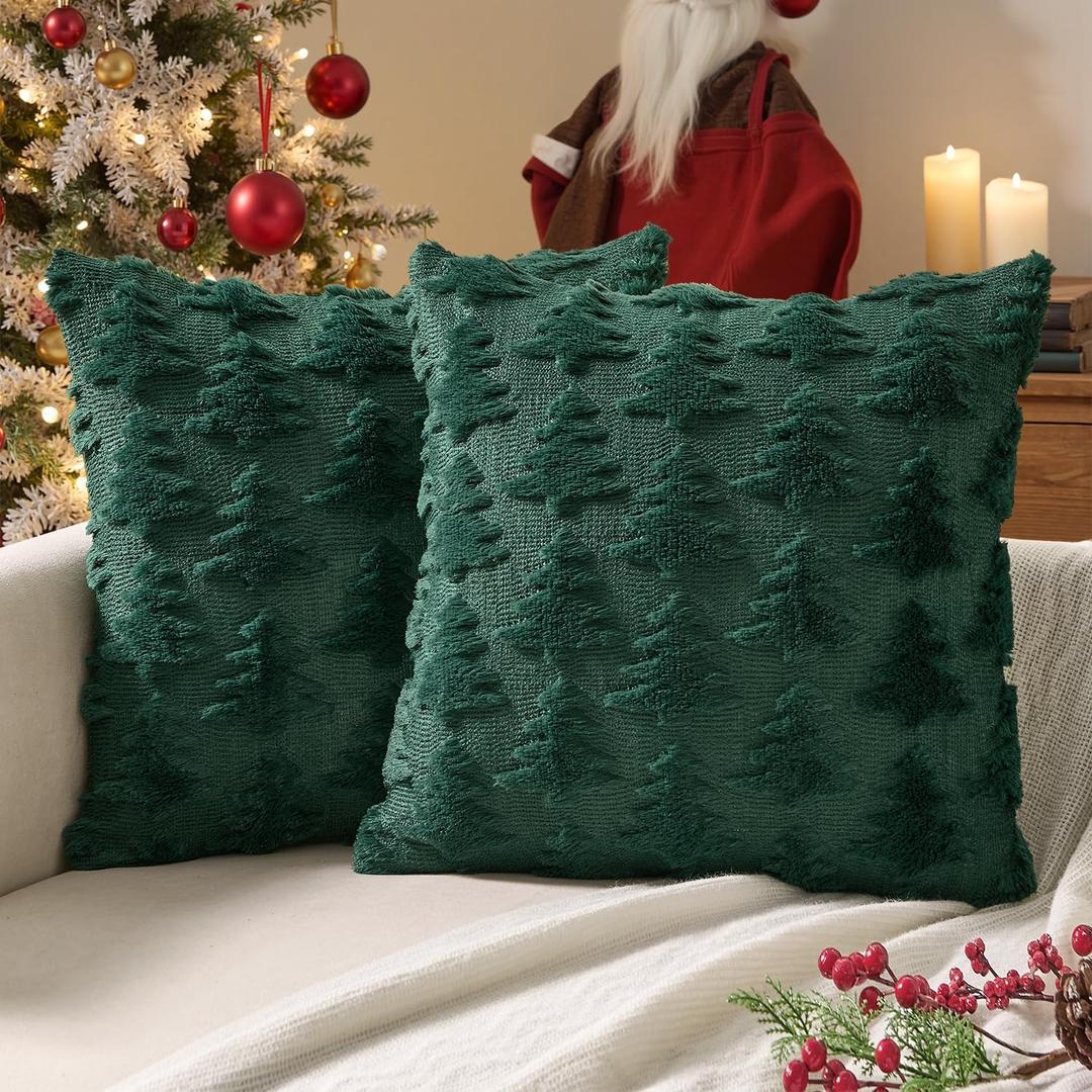 ANRODUO Set of 2 Christmas Green Decorative Pillow Covers Christmas Tree Decorations 16x16 Inch Soft Plush Faux Fur Jacquard Throw Pillows for Bedroom Sofa Holiday Festivals Winter Home Decor