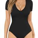 MANGOPOP V Neck Bodysuits for Women Short Sleeve Body Suits Basic Top Casual Shirt, Size XL