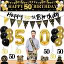 27pcs 50th Birthday Decorations for Men,Black Gold 50th Party Decorations,Happy 50th Birthday Banner Honeycomb Hanging Swirls Cake Topper and Balloons Kit Party Supplies