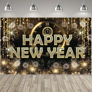 HAPPY NEW YEAR Hanging Extra Large Fabric Sign Poster Black Background Banner with Firework Pattern for New year Party Decorations