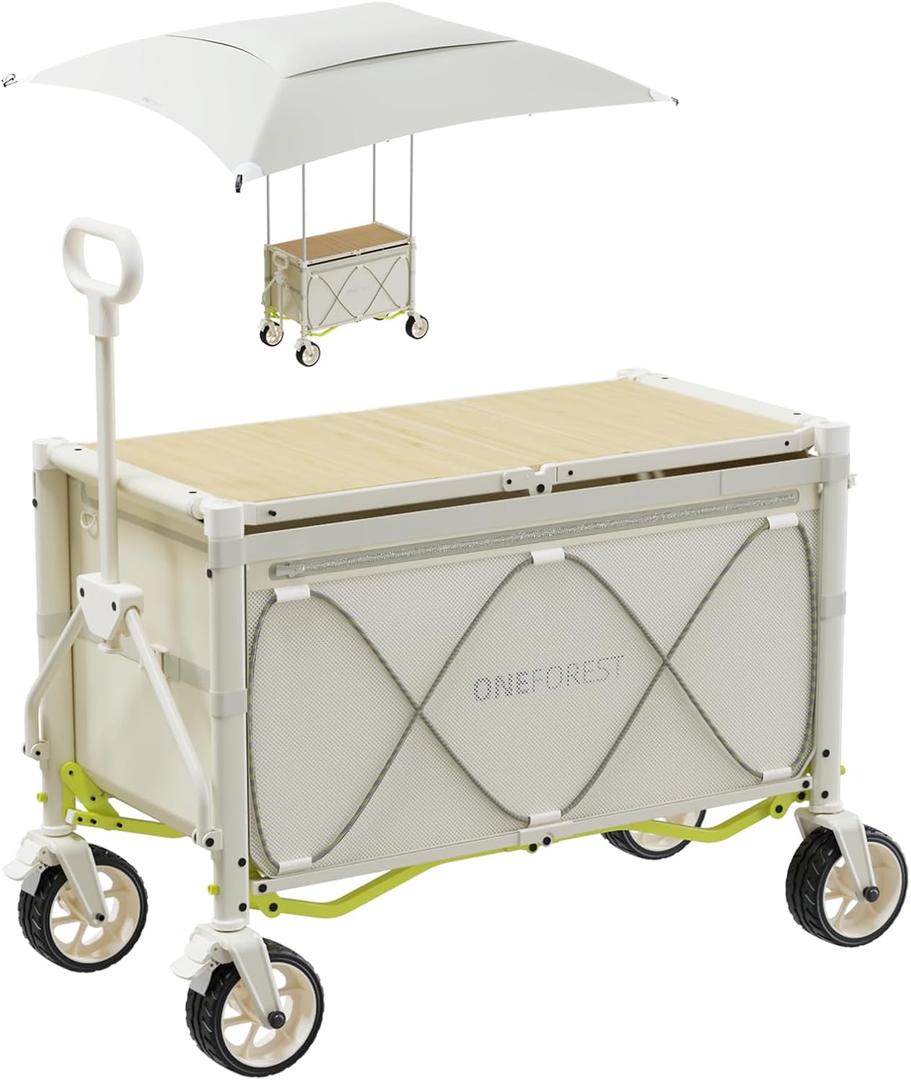 ONEFOREST Collapsible Wagon Cart with Canopy Tent, Portable Large Capacity Foldable Wagon Cart, Heavy Duty Garden Cart with Wheels for Camping Sports Beach Backyard and Picnics, Beige