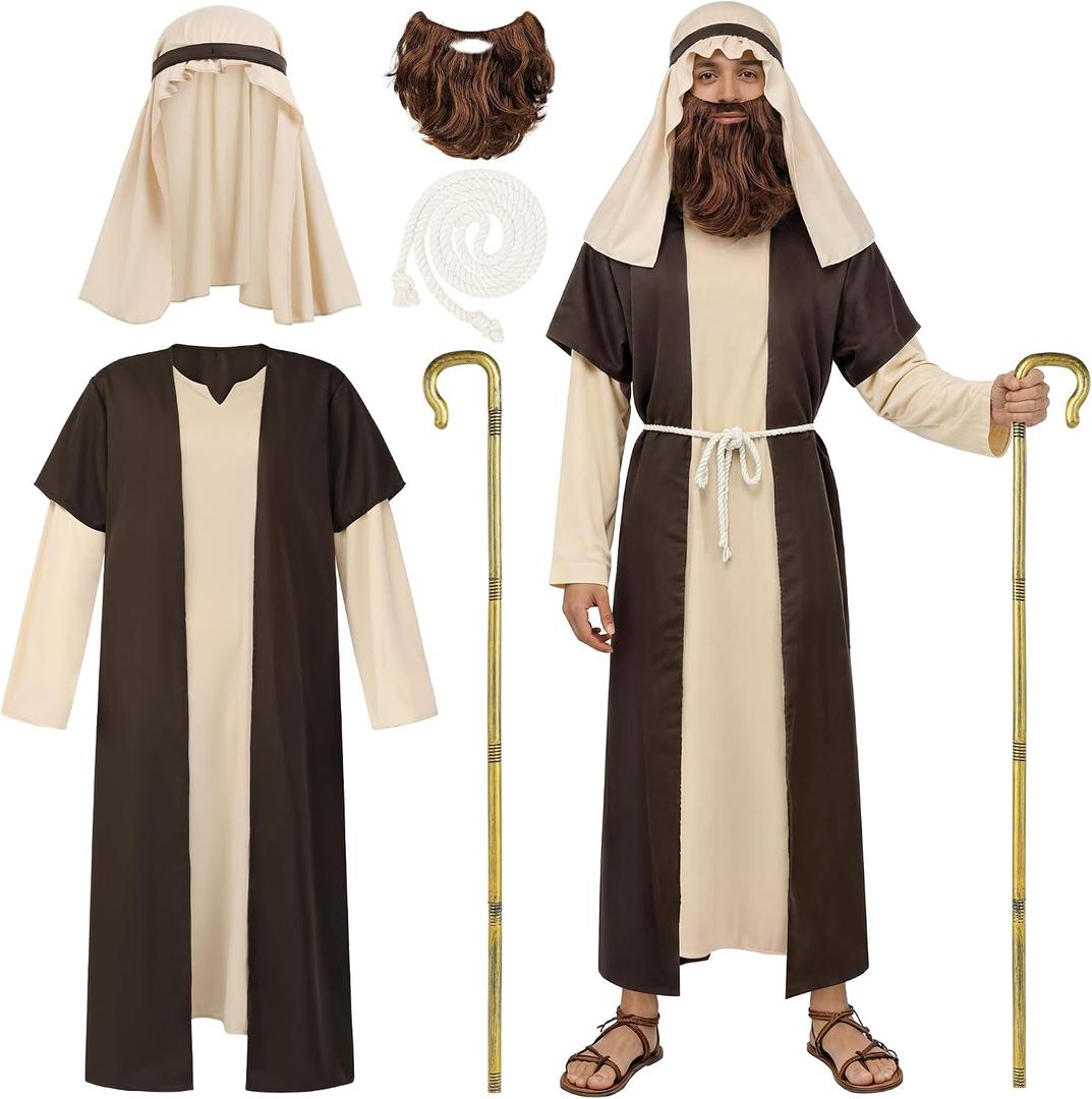 SOMSOC Mens Biblical Saint Joseph Sherherd Costume Jesus Robe Costume Beard Staffs Headwrap Hat Waist Rope Set