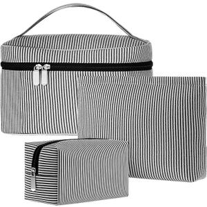 3 Pieces Makeup Bag Set for Women Cute Seersucker Cosmetic Pouch Travel Toiletry Bag Preppy Small Makeup Purse Pouch Aesthetic Skincare Brushes Storage Organizer for Women(Black)