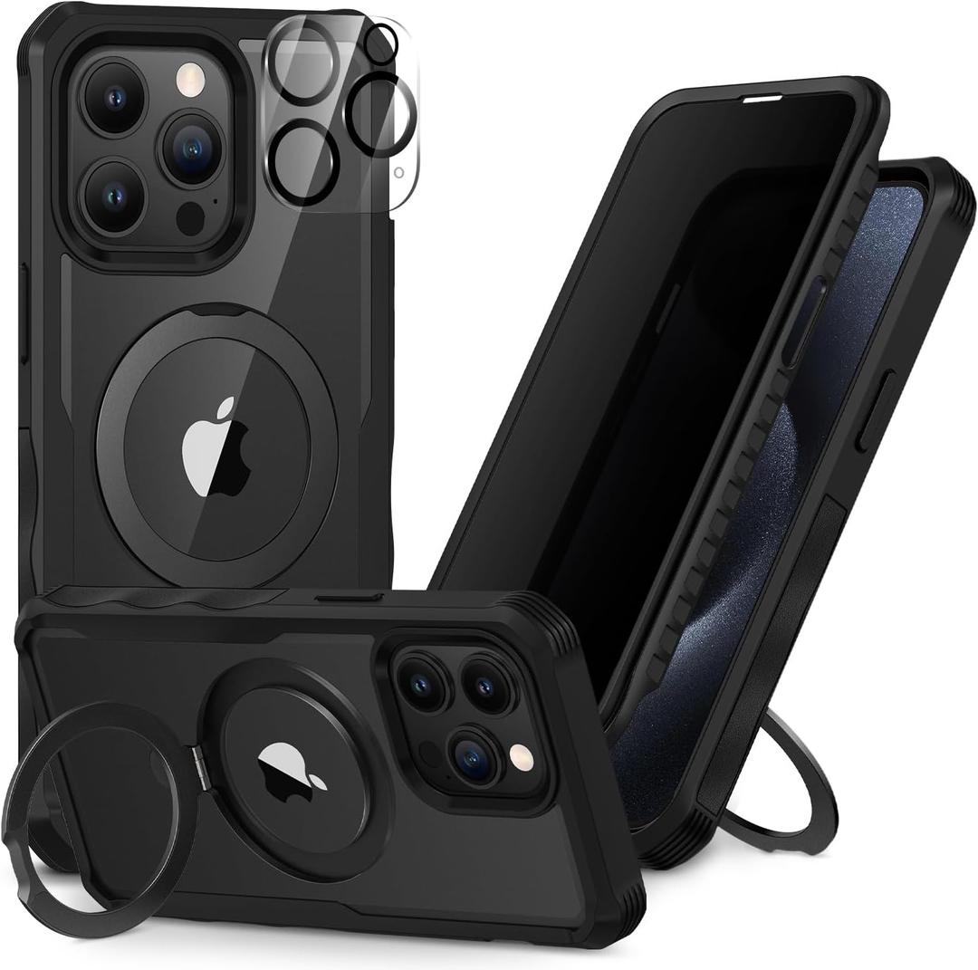CENHUFO Privacy for iPhone 15 Pro Case, Full Body Phone Case [Compatible with Magsafe] Built-in 9H Tempered Glass Privacy Screen Protector and Magnetic Ring Stand, Clear Camera Lens Cover - Black