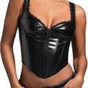WDIRARA Women's PU Leather Corset Bustier Tops Sleeveless Lace Trim Tank Tops Night Out Clubwear (Black, M)