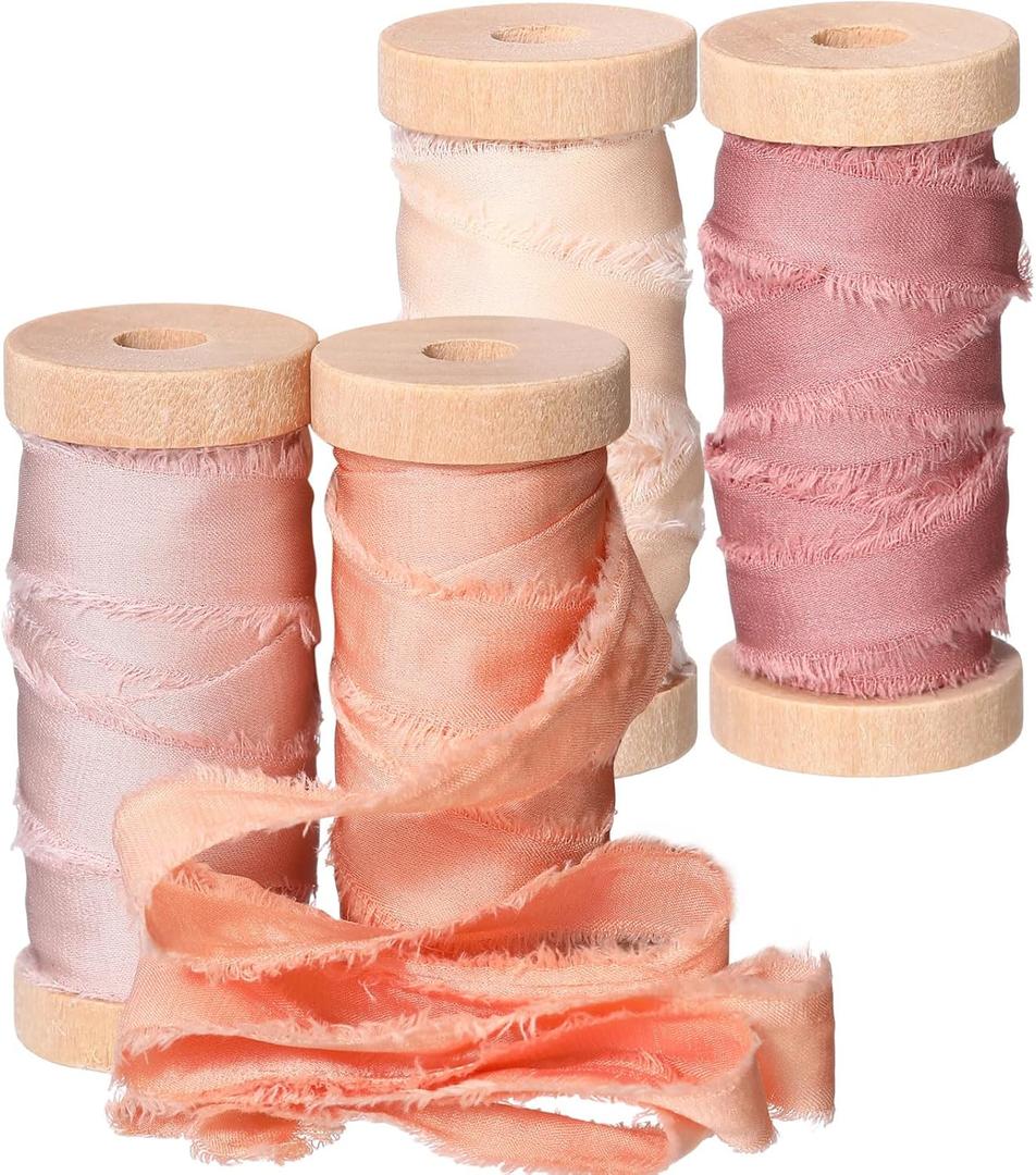 Mindsoft Frayed Chiffon Ribbon for Craft, Christmas Silk Satin Ribbons 1/2-1/4 Inch x 20 Yard Handmade Fabric Strips with Wooden Spool for Wedding Gift Wrapping(Colorful)