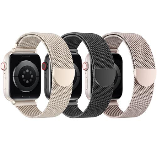 BELONGME 3 Pack Mesh Loop Compatible with Apple Watch Bands for Women Men 40mm 41mm 38mm 42mm 44mm 45mm 49mm 46mm Series 11 10 9 8 7 6 5 4 Ultra3 SE3 2, Stainless Steel Metal Magnetic Strap for iWatch