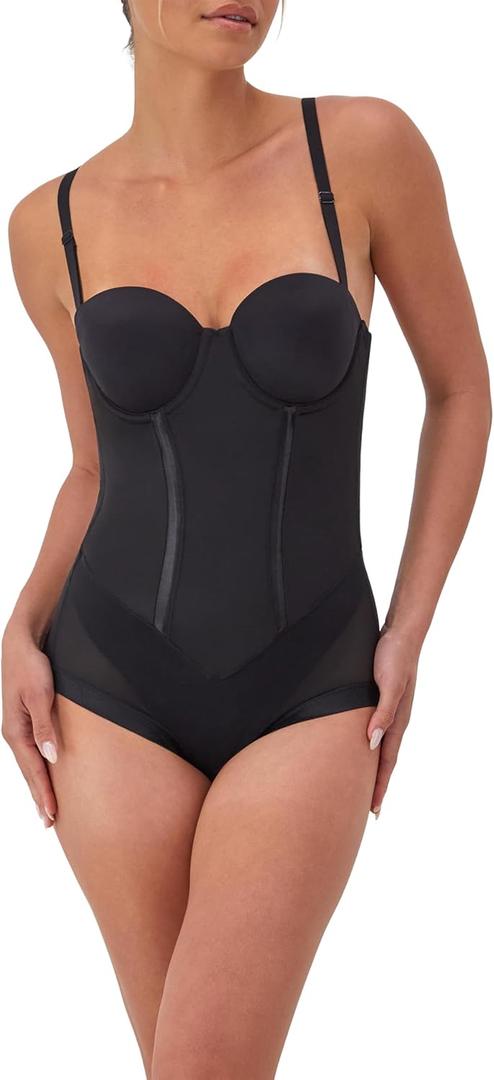 Maidenform Women's Shapewear Tummy Control Bodysuit, Built-In Bra Convertible to Strapless, Ultra Firm Shapewear Bodysuit (38D, Black)
