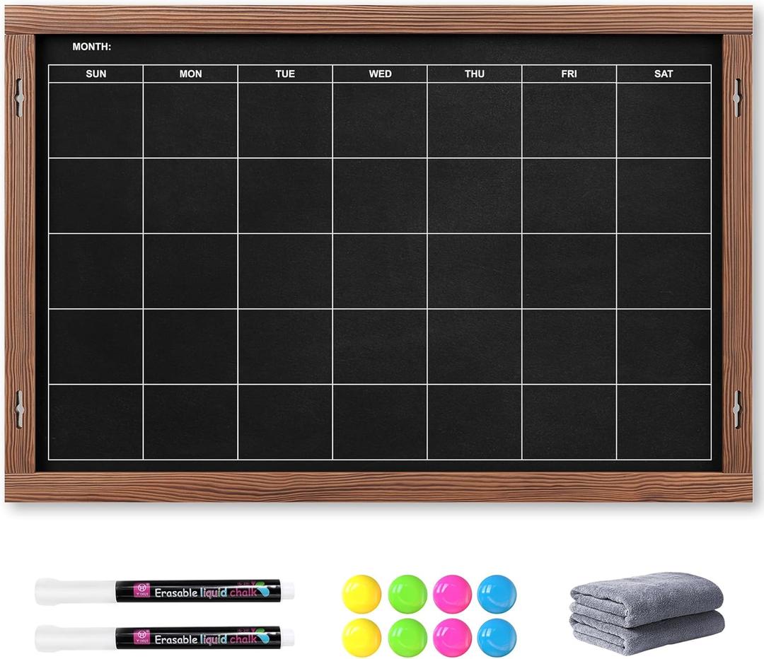 2-in-1 Double-Sided Magnetic Chalkboard 24"x16", Chalk Calendar Board & Large Blackboard for Kitchen & Home Decor, Schedule, Menu, Back-to-School Gift - Hanging Chalk Board with 2 Liquid Pens, Brown