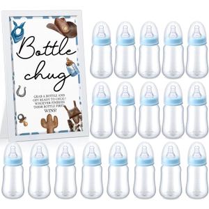 Roowest Bottle Chug Baby Shower Games Sets Including 18 Pcs Feeding Bottles with 1 Bottle Chug Wooden Sign for Gender Reveal Baby Shower Party Supplies(Blue,Cowboy)
