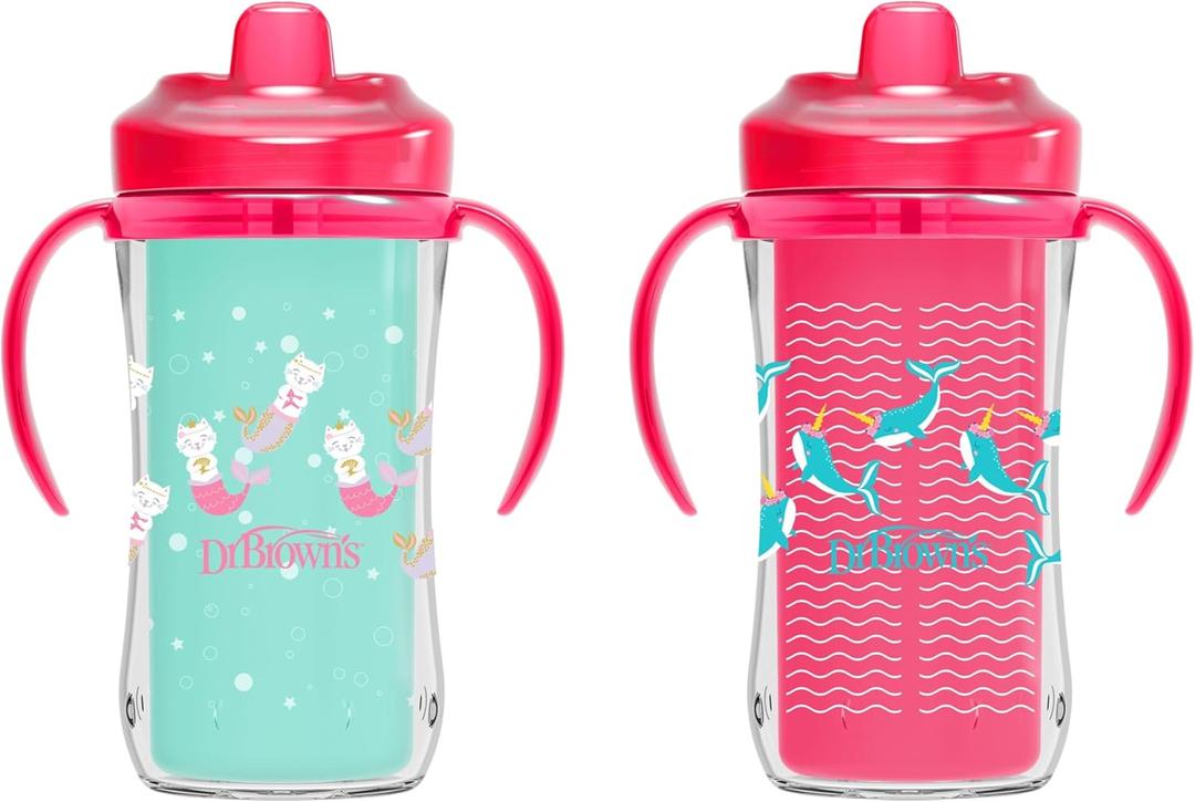 Dr. Brown's Milestones Insulated Hard Spout Sippy, Spill Proof Cup with Handles for Toddlers, 2-Pack, Pink, 10 oz/300 mL, BPA Free, 12m+