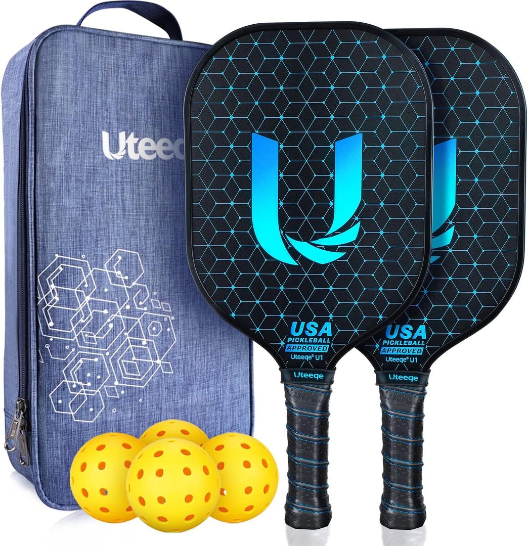 Pickleball Paddles Set of 2, Graphite, Thermoformed One-Mold, Semi-Textured for Extra Grit & Spin, Lightweight, USAPA Approved, Non-Slip, 4.25-Inch Grip, 4 Outdoor Balls & Carry Bag