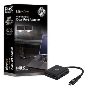 GE USB-C to Dual HDMI Adapter 4K @60hz, Type C to HDMI Converter, Display, Splitter and USB C Pass-Through Supports Extended Display of Dual Monitors, for Laptop, Desktop, Tablet, Gray, 81661