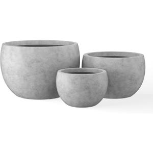 Kante 19.9",15.7",11.8" Dia Round Concrete Planter Set of 3, Outdoor/Indoor Large Bowl Plant Pots with Drainage Hole and Rubber Plug for Garden Patio Balcony Home, Natural Concrete