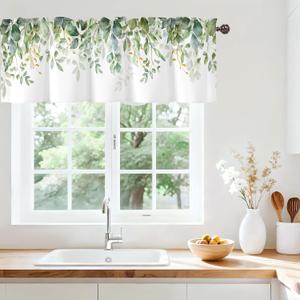 Green Eucalyptus Leaves Valance for Windows,Window Treatment Curtains Rod Pocket Sheer Small Short Valance for Kitchen Bathroom Laundry Basement, 42Wx12L inch,Boho Watercolor