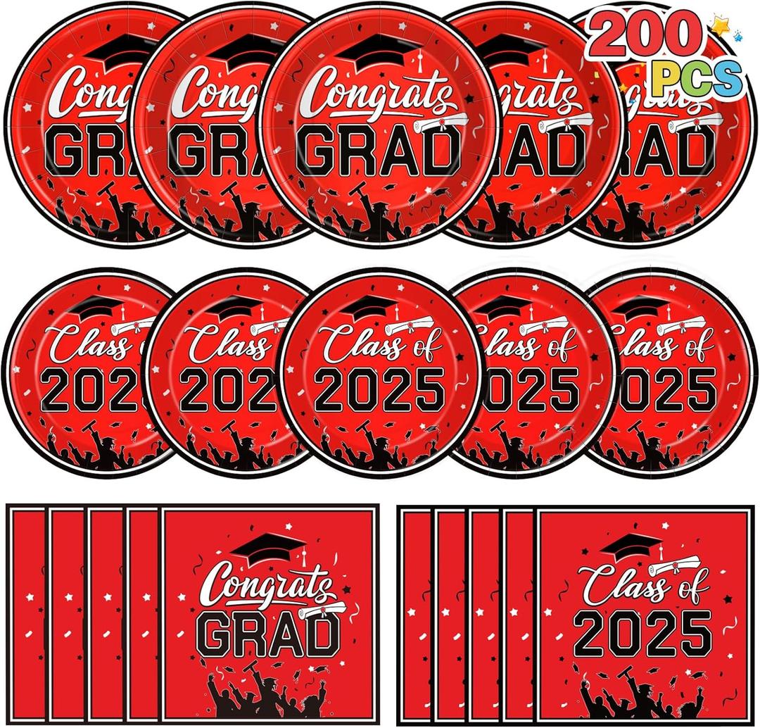 200Pcs Graduation Party Plates and Napkins, 2025 Graduation Party Supplies Red and Black Disposable Paper Plates Cocktail Napkins Luncheon Napkins for Congrats Grad Party Decorations, Serves 50
