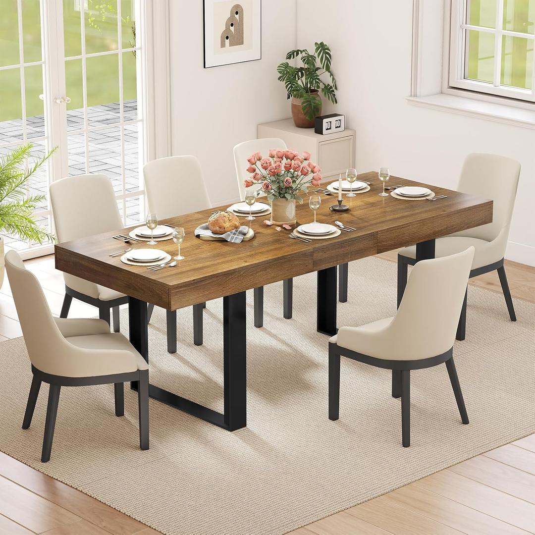 63"-78.7" Expandable Dining Table, 6-8 Extendable Dining Table, Rectangle Conference Table, Farmhouse Kitchen Table with Slide Track, Tapered U-Shaped Wood Legs for Office, Living Room-Brown