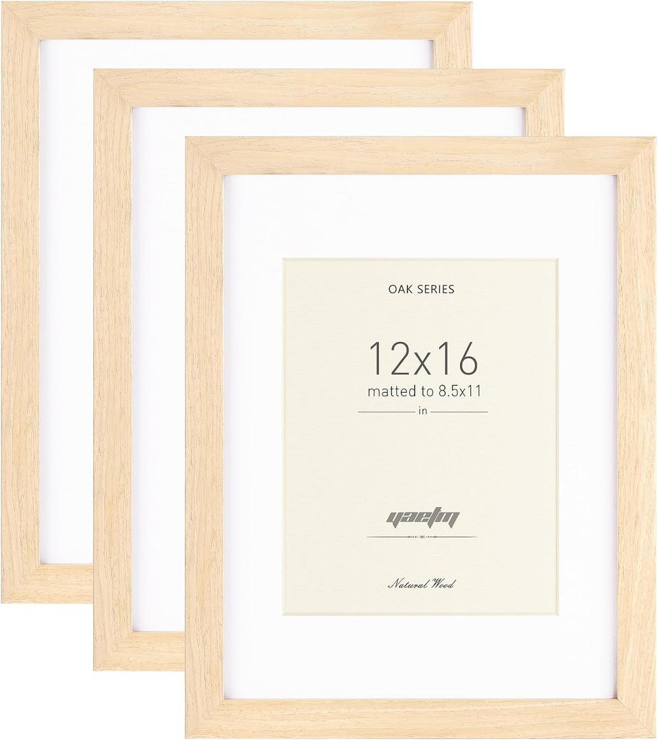 Yaetm Oak 12x16 Picture Frame Matted to 8.5x11 Set of 3, Natural Solid Wood 12x16 Frame for Wall Mount, Wide Molding (3 pack, Oak)