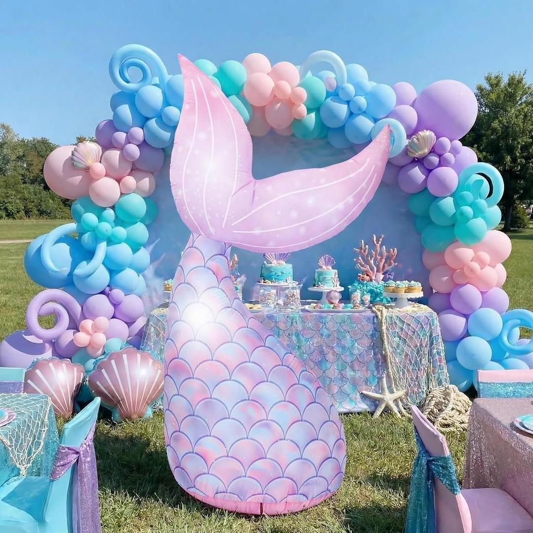 6.6 ft Inflatable Mermaid Tail with Built in LED Lights, Mermaid Birthday Party Decorations, Large Photo Booth Prop, Waterproof Giant Yard Decor for Ocean Theme Summer Events