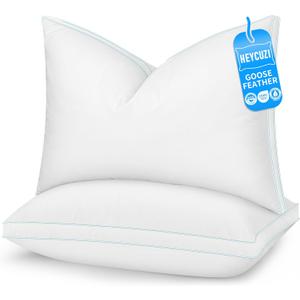 Goose Feather Down Pillows - Hotel Soft Bed Pillows Queen Size Set of 2 for Sleeping, 100% Cotton Cover Fluffy Support Gusseted Pillow for Back, Stomach, Side Sleepers White