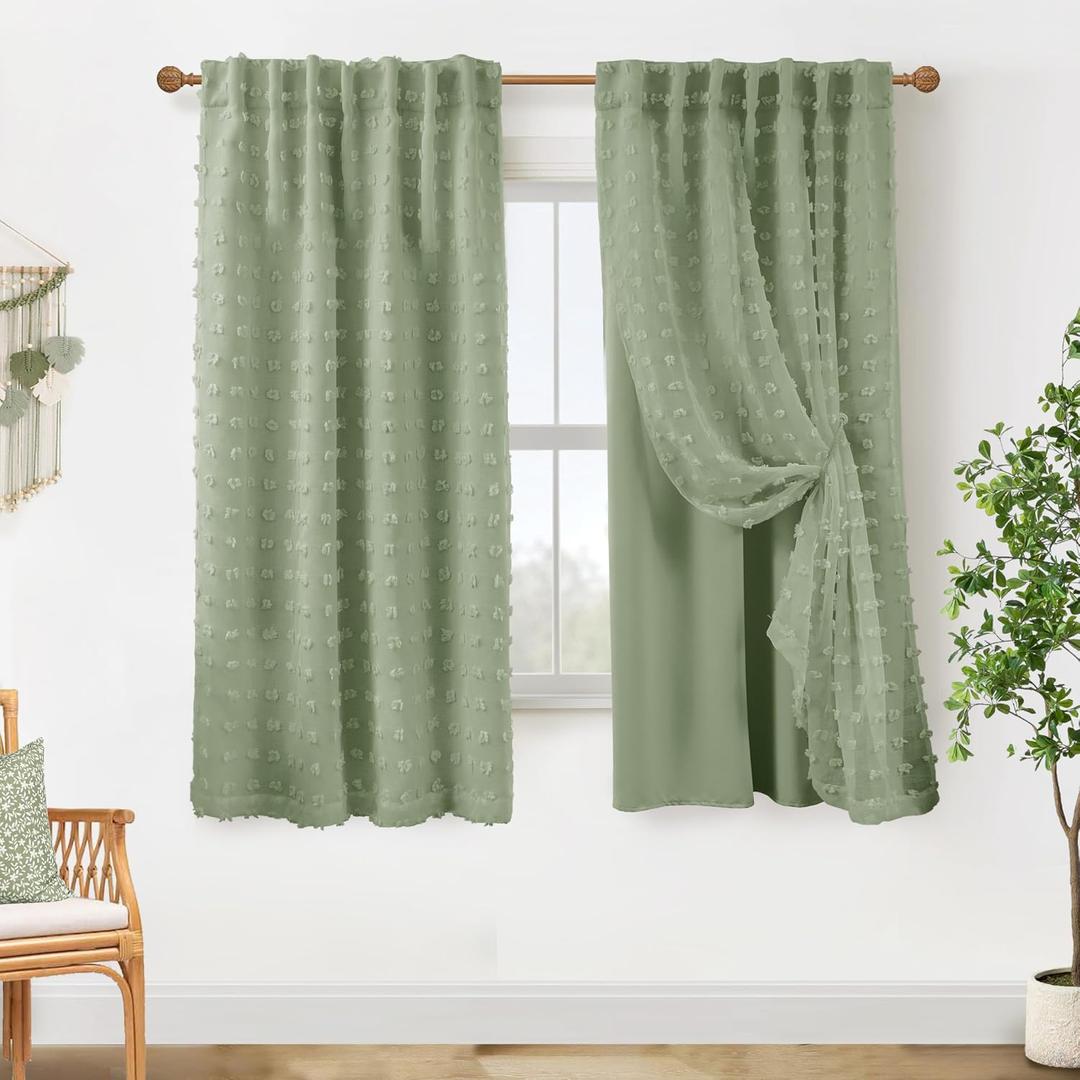 63 Inch Length Blackout Curtains for Bedroom,Boho Pom Pom Black Out Sage Green Room Darkening Back Tab Double Layer Curtains for Girls Room Nursery 63 Inch Long 2 Panels Set, 50"W x 63"L