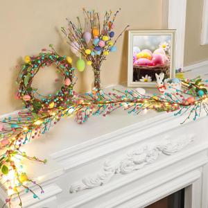 Yerliker 28 Pcs 6.6ft Lighted Easter Garland Sets with Artificial Spring Lighted Garland Spray Vine Foam Eggs and Berries 13ft 40 LED Battery Operated Easter Decor for Spring Party Mantel