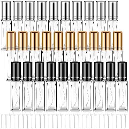 Domensi 30 Pcs Glass Perfume Travel Refillable Bottles 8 ml Mini Cologne Perfume Bottles Empty No Leak Travel Size Atomizer Spray Mini Clear Sample Dispenser (Black, Silver, Gold)