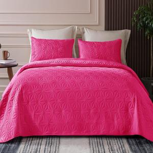 Whale Flotilla California King Quilt Bedding Set, Soft Hot Pink Oversized Bedspreads Quilts Cal King Size for All Seasons, 3 Pieces Lightweight Geometric Star Pattern Coverlet