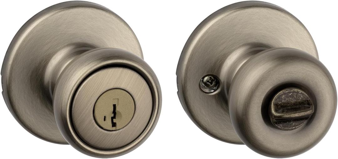 Kwikset Tylo Entry Door Knob with Lock and Key, Secure Keyed Handle Exterior, Front Entrance and Bedroom, Antique Brass, Pick Resistant SmartKey Rekey Security and Microban