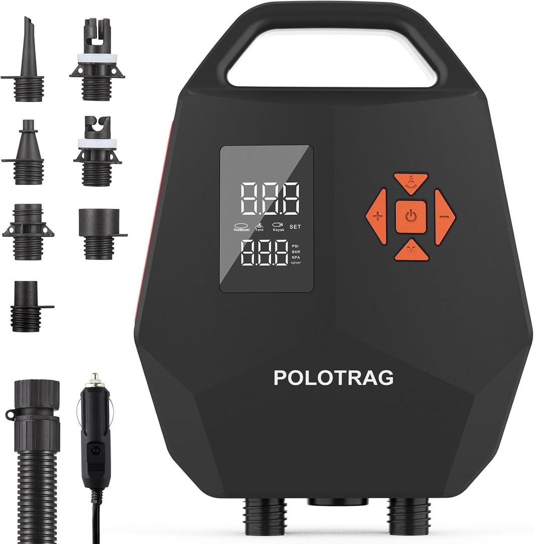 Polotrag Paddle Board Pump, Sup Pump Electric Portable with Auto-Off/Deflation, Dual Stage 12V DC Car Connector Air Pump for Inflatables, Kayak and Air Mattress (orange)