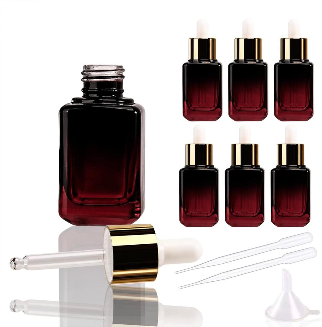 COSIDEA 6pcs Empty gradient Red Square 30ml / 1oz Glass dropper bottle for Serum essence oil bottles container packing