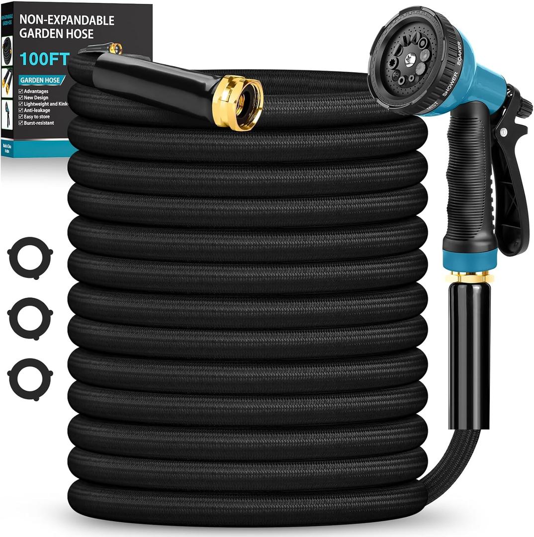 Garden Hose 100FT Non-Expanding, Lightweight Hose With 10-Function Nozzle, Leak-Proof No-Knot, Easy to Carry, Wear-Resistant, Sturdy 3/4GHT Flexible Water Hose for Outdoor (Black with Nozzle)