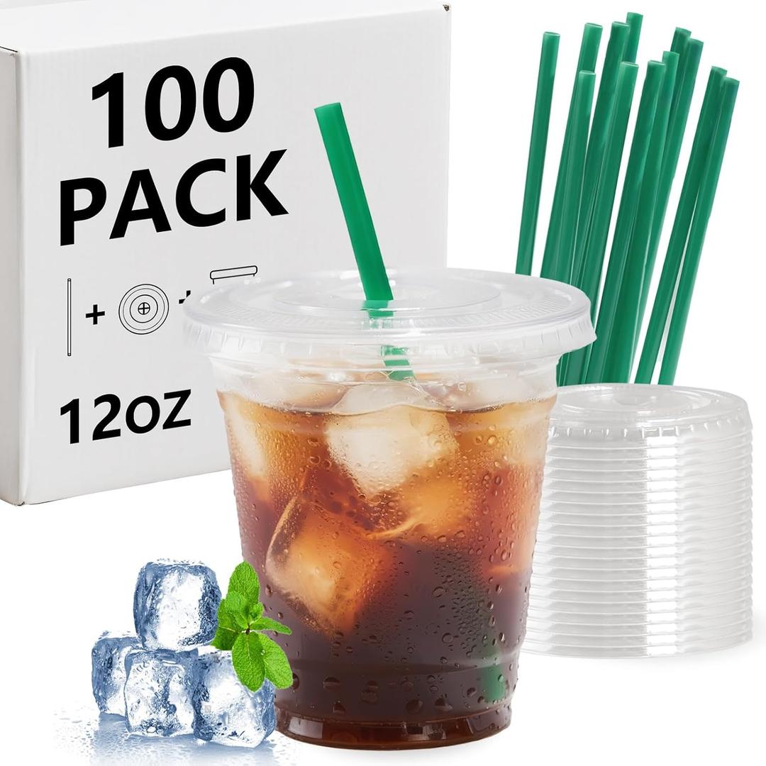 12 oz Clear Plastic Cups with Lids and Straws 100 Set - Extra Thick Plastic Iced Coffee Cups Bulk, Sturdy & Food Safe Dispoasble To Go Cups with Lids for Party Birthday Event Bar Juicer