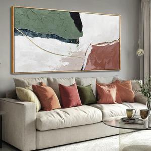 Framed Canvas Print Paintings Wall Art Abstract Olive Green And Beige Geometric Illustrations Line Artwork Modern Art Decorative for Living Room, Bedroom, Office 24x48 In