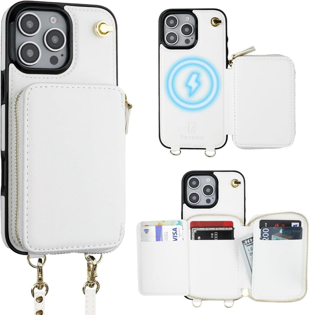 Bocasal for MagSafe Crossbody Wallet Case Compatible with iPhone 16 Pro Max, RFID Blocking Protective Purse Case with Card Slots Holder Kickstand Wrist Strap Lanyard Zipper 6.9 Inch 5G (White)