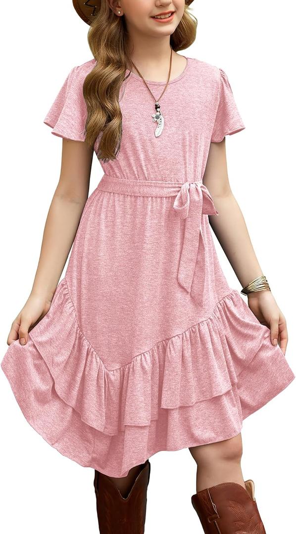 Arshiner Girls Dresses Loose Plain Casual Ruffle Swing Midi Dress with Belt for 5-14 Years (Pink)