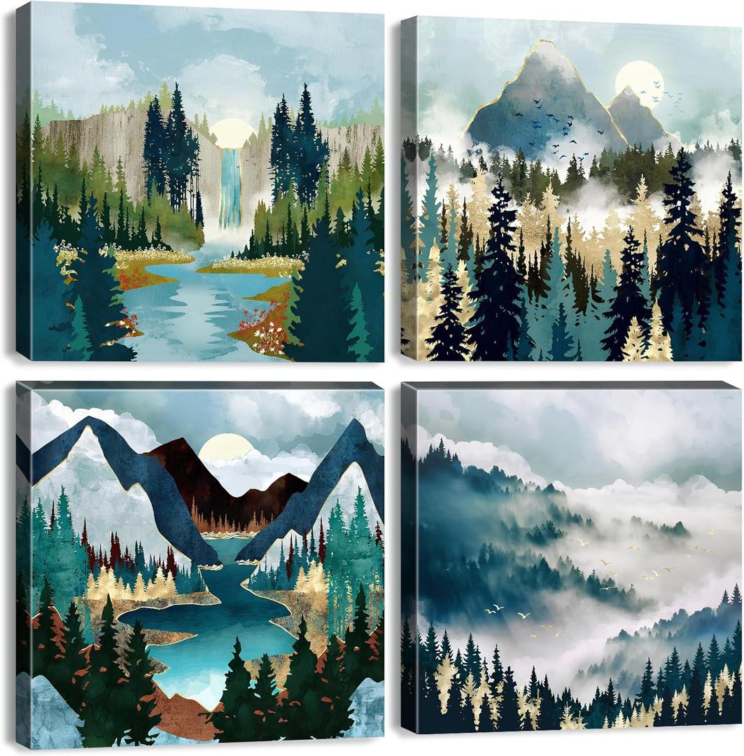 Abstract Nature Wall Art Boho Mountain Forest Pictures Living Room Wall Decor Watercolor Teal Green Mistry Landscape Canvas Painting Modern Geometric Artwork Bedroom Bathroom Home Decoration 12x12" 4P