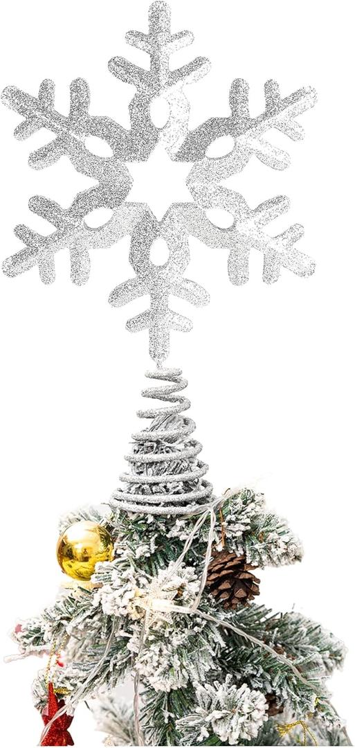 Glittering Silver Snowflake Tree Topper, Sparkling 3D Metal Christmas Snowflake for Holiday Ornaments, Indoor Xmas Party Decor