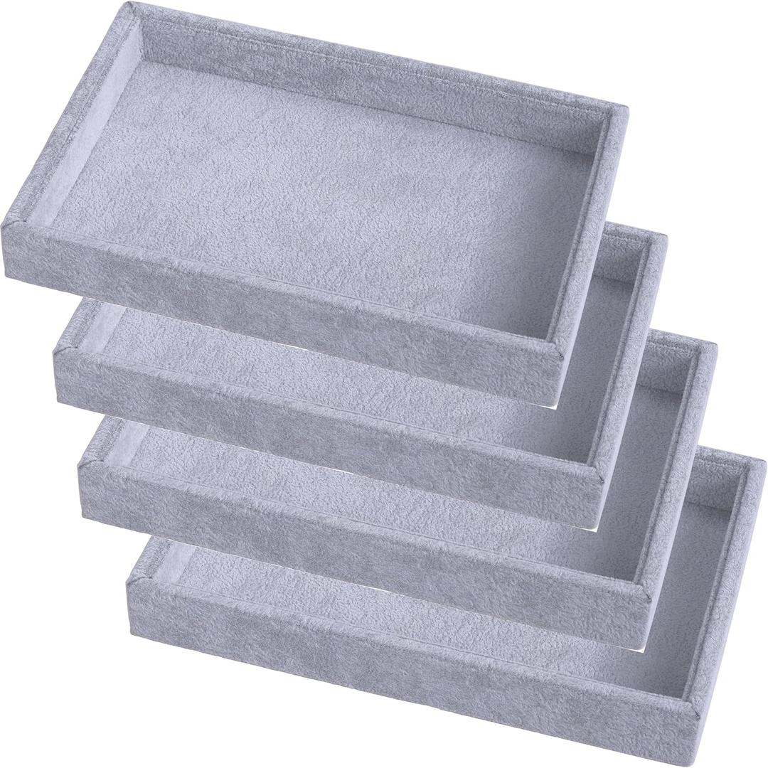 Mornajina 4 Pcs 9" x 5.7" Velvet Jewelry Tray Jewelry Display Tray, Stackable Empty Plate Trays for Earrings Necklaces Bracelet Rings Display Showcase - Grey