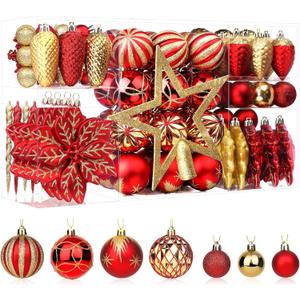 SHareconn 106PCS Christmas Balls Ornaments Set, Colorful Shatterproof Plastic Decorative Baubles for Xmas Tree Decor Holiday Wedding Party Decoration with Hanging Hooks, Red & Gold