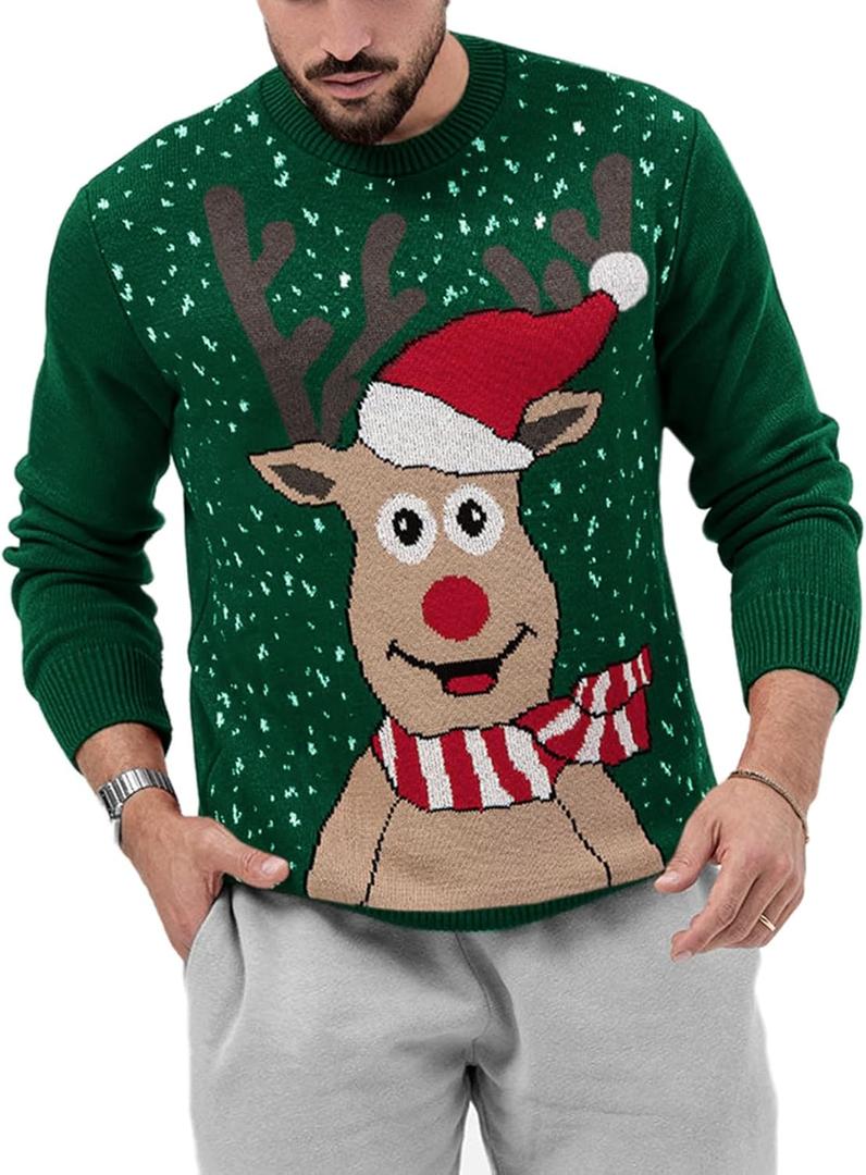 Karlywindow Mens Ugly Christmas Sweater Holiday Reindeer Snowflake Santa Soft Pullover Long Sleeve Knitted Sweaters (XX-Large, Green)
