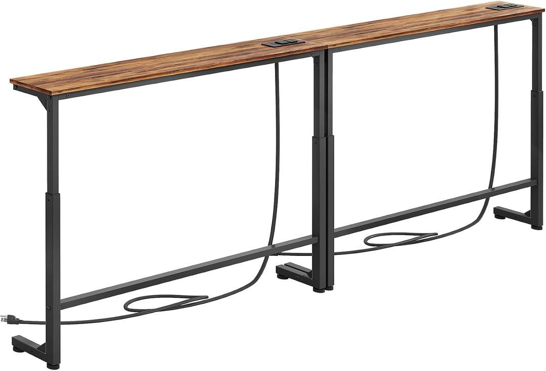 Kitstorack 2-Pack Narrow Console Table with Adjustable Height (25"-33") & 2 Power Outlets, Skinny Behind Couch Table, 78.8" Long x 5.9" Wide Sofa Side Table for Living Room, Rustic Brown