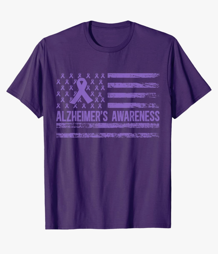 Alzheimer's Awareness Purple American Flag Ribbon T-Shirt Size 2XL, Purple 