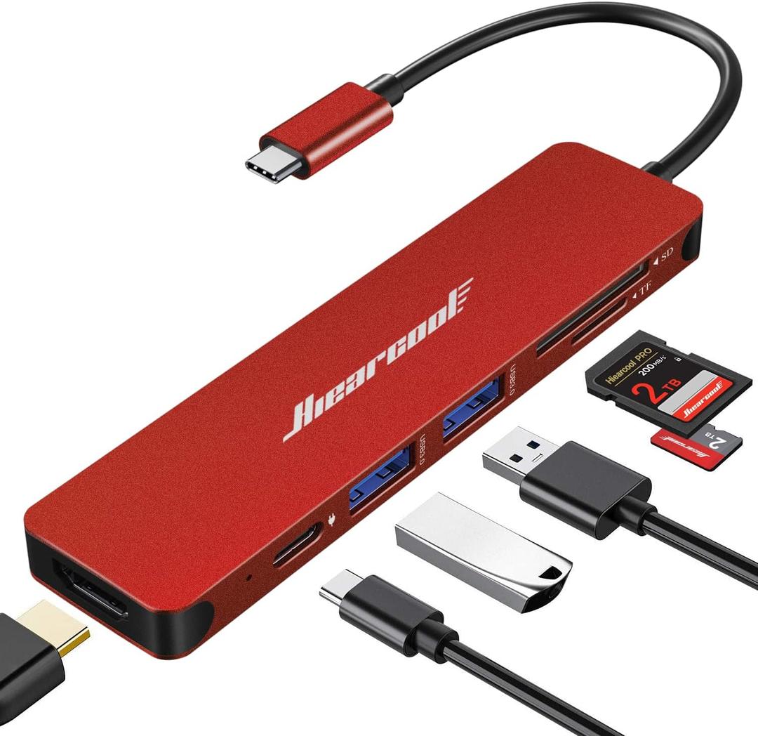Hiearcool USB C Hub, USB-C to HDMI Multi-Port Adapter for MacBook Pro/Air, 7-in-1 USBC Dongle with 4K HDMI 100W Power Delivery SD/TF Card Reader Type-C Dock for Dell HP Lenovo Laptops-Dark Red