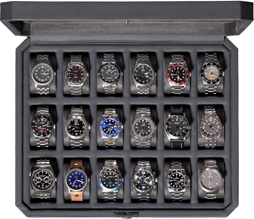 ROTHWELL 18-Slot Watch Case – Luxury Watch Box for Men, Real Glass Top, Lockable, Elegant Display for Collections (Carbon)